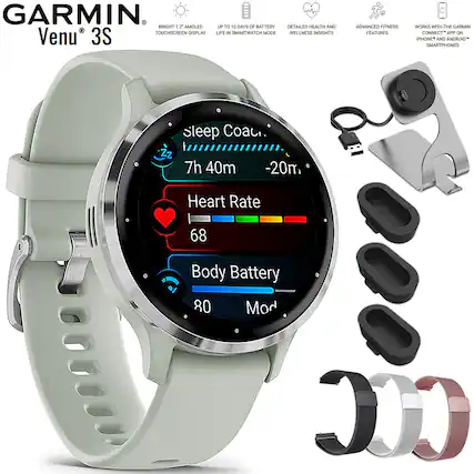 GARMIN Venu 3S
- BRIGHT 1.2" AMOLED TOUCHSCREEN DISPLAY
- UP TO 10 DAYS OF BATTERY LIFE IN SMARTWATCH MODE
- DETAILED HEALTH AND WELLNESS INSIGHTS
- ADVANCED FITNESS FEATURES
- WORKS WITH THE GARMIN CONNECT APP ON IPHONE AND ANDROID SMARTPHONES
Sleep: 7h 40m -20m
Heart Rate: 68
Body Battery: 80