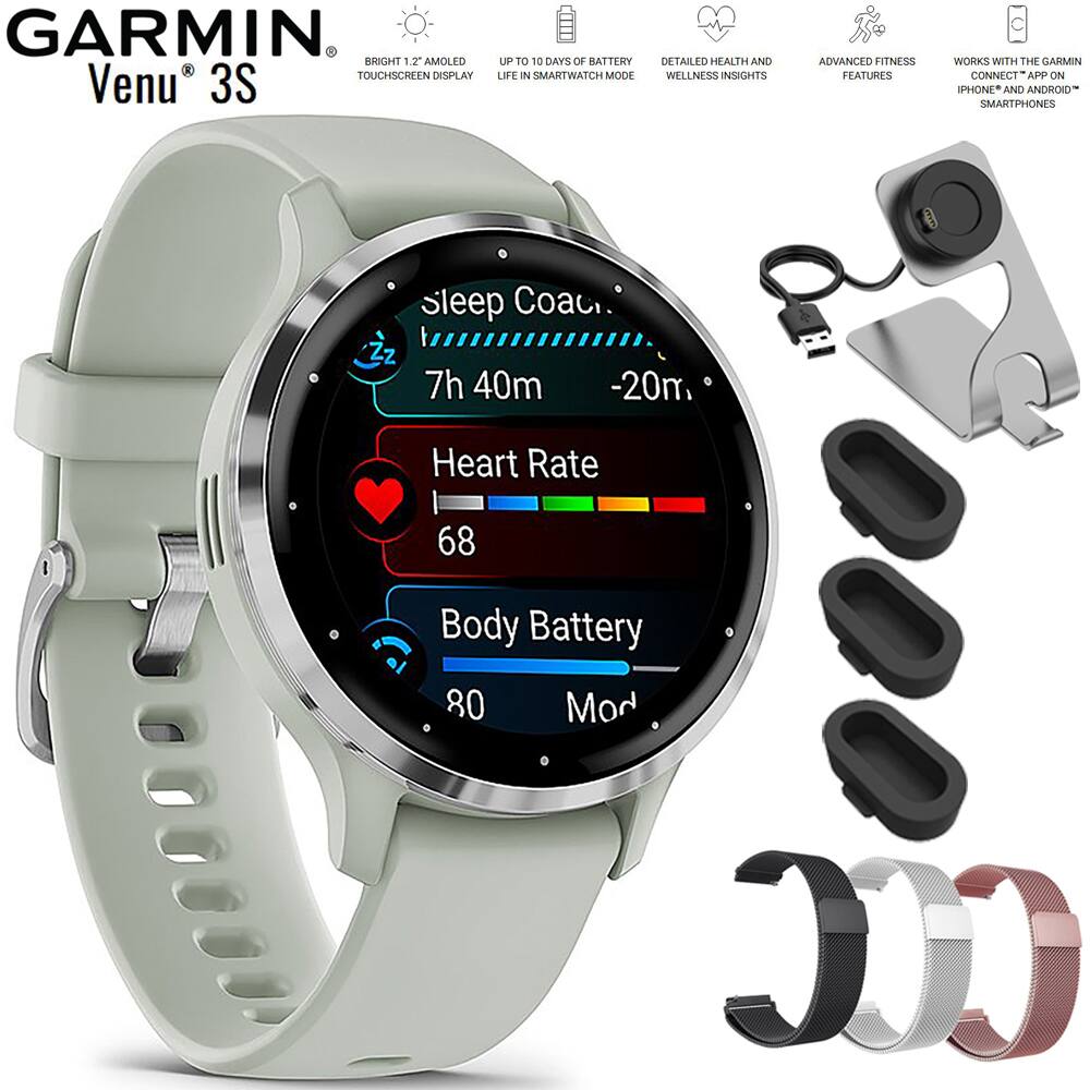 Refurbished Excellent - Bundle - Garmin - Venu 3S Fitness GPS Smartwatch 41 mm + Charging Stand & Extra Bands - Silver S/S Bezel | Sage Gray Case & Silicone Band - (2023)