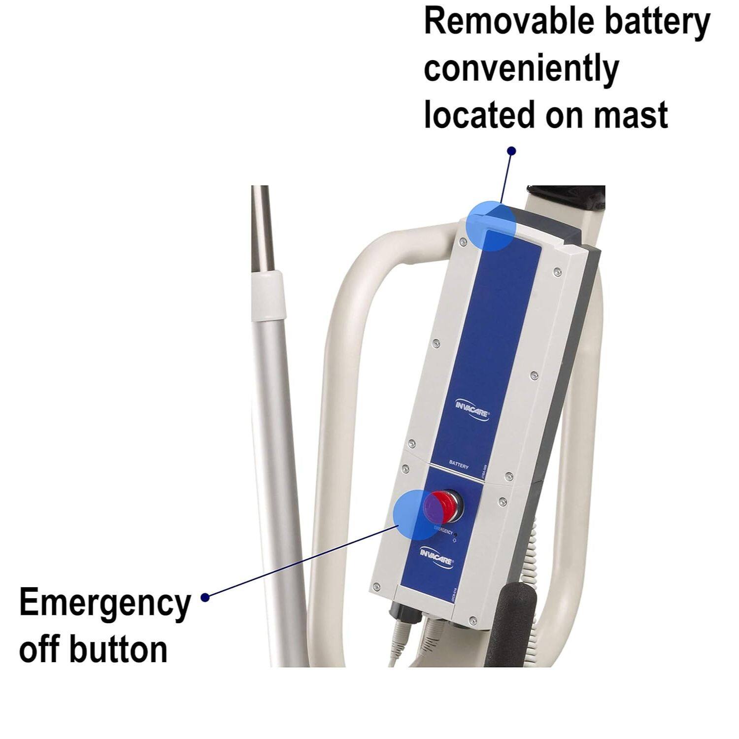 Removable battery conveniently located on mast  
Emergency off button  
INOCARE NATTERY