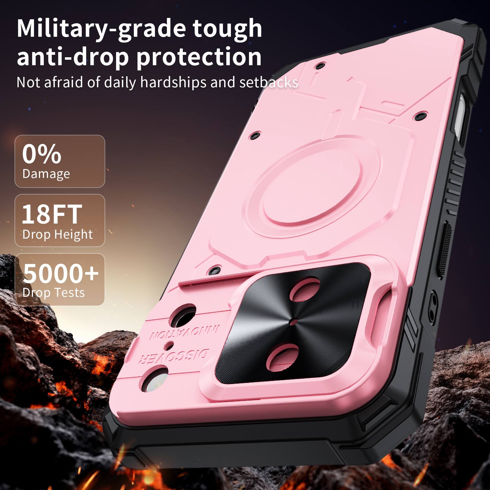 Military-grade tough anti-drop protection  
Not afraid of daily hardships and setbacks  

0% Damage  
18FT Drop Height  
5000+ Drop Tests  

MOITAVOMMI DISCOVER