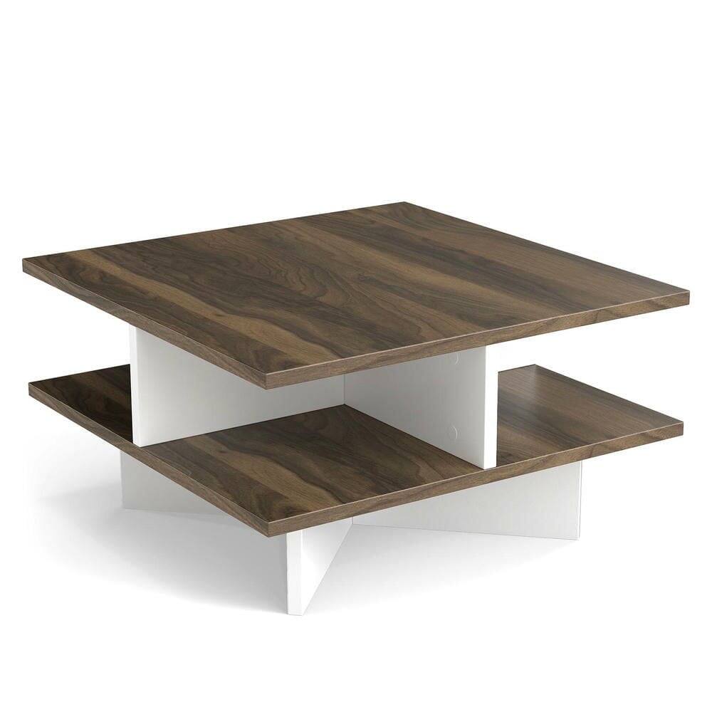 Resenkos - Square 2-Tier Coffee Table with 4 Built-In Storage Compartments, Walnut - Brown