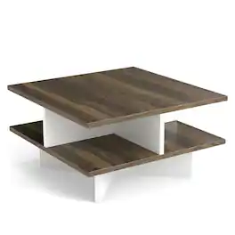 Resenkos - Square 2-Tier Coffee Table with 4 Built-In Storage Compartments, Walnut - Brown