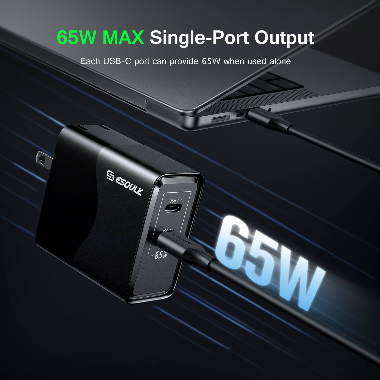 65W MAX Single-Port Output  
Each USB-C port can provide 65W when used alone