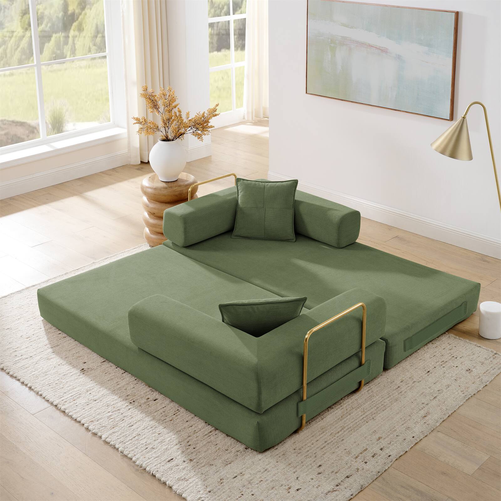 Back. Trinkets Crazed - 4-In-1 Free Combination Loveseat Convertible Sleeper Sofa Bed Floding Futon Couch Corduroy Modular Sofa Couch - Green.
