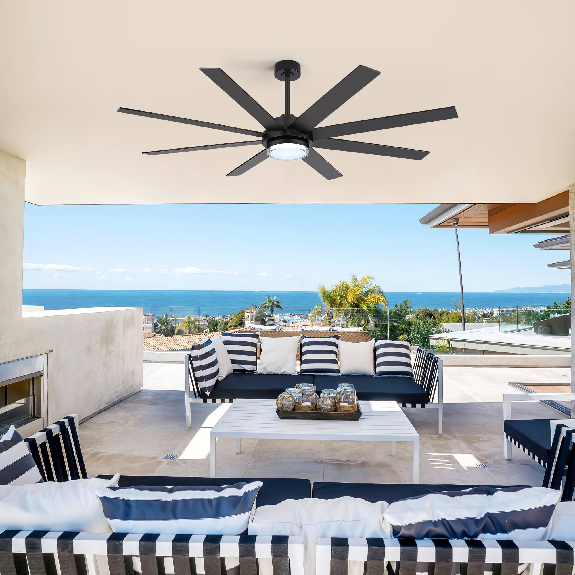 Alt View 1. Breezary - 72-Inch Modern LED Ceiling Fan with Acrylic Light, 8 Blades, DC Motor, Remote Control, 6-Speed, Timer - Black.