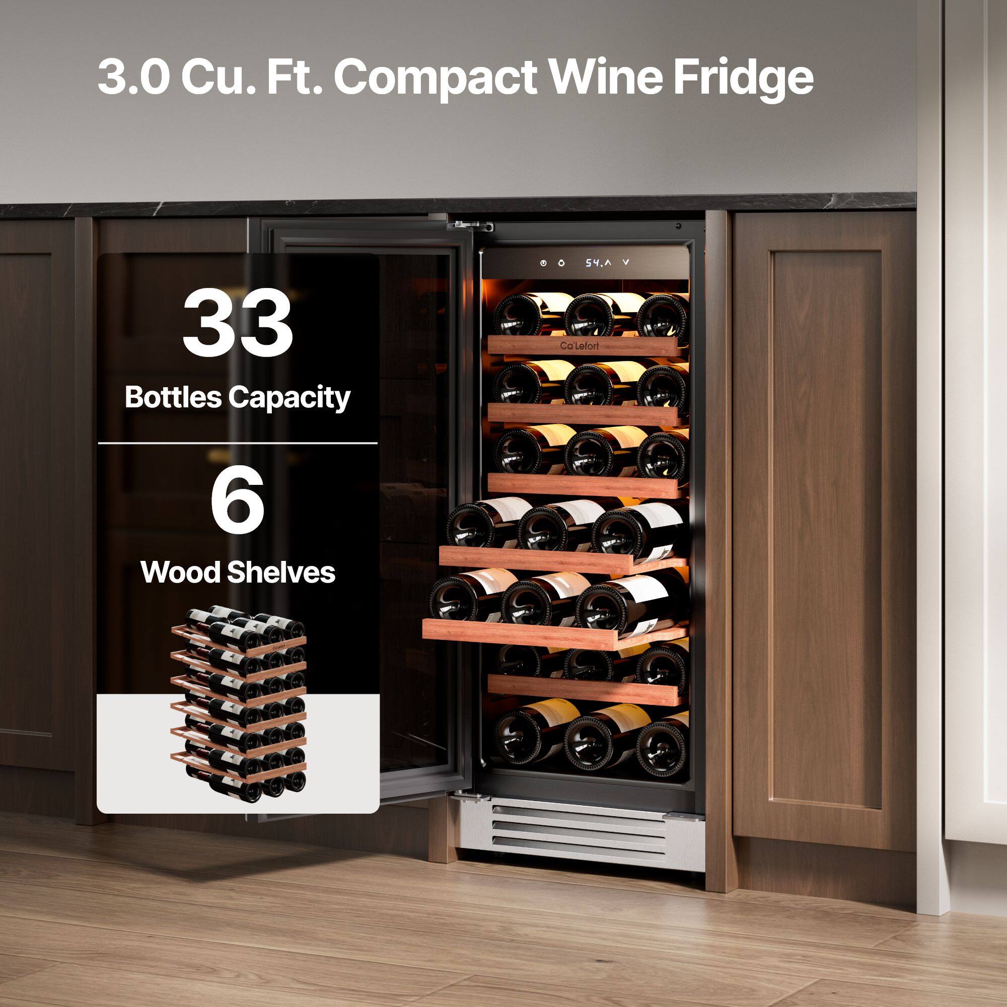 3.0 Cu. Ft. Compact Wine Fridge  
33 Bottles Capacity  
6 Wood Shelves