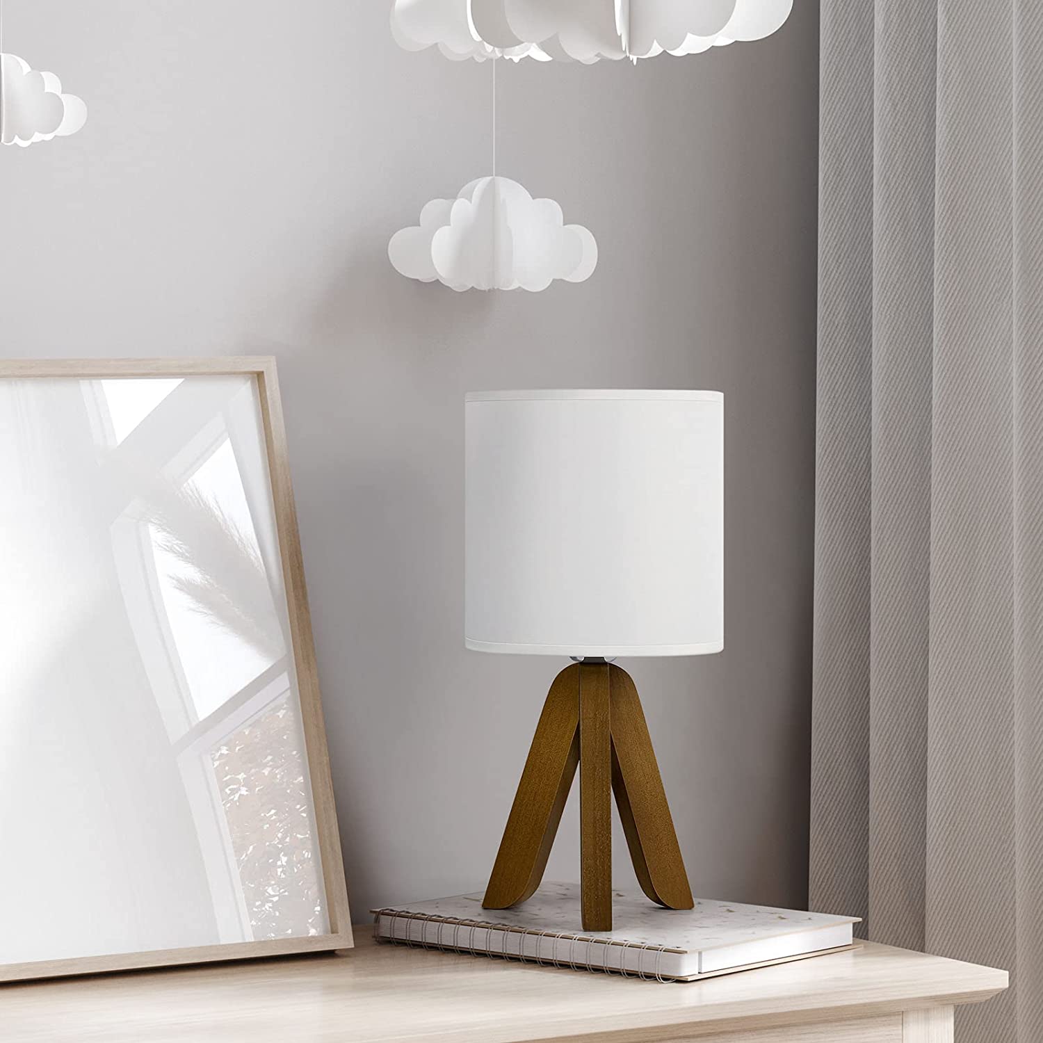 Back. Oumilen - Wood Tripod Table Lamp with Fabric Shade – Mid-Century Modern Nightstand Lamp with In-Line Switch.