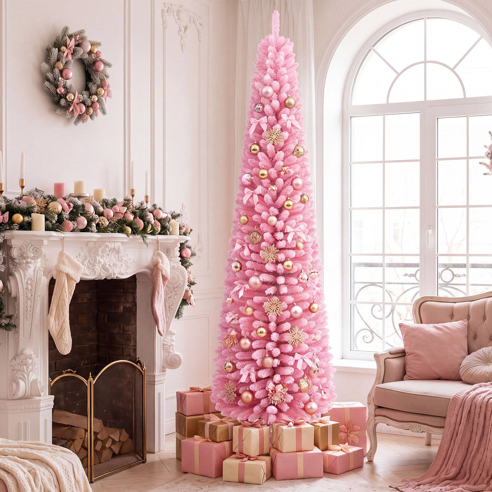 Alt View 3. Gymax - Gymax 7FT Flocked Pencil Christmas Tree 575 Full Branch Tips & Folding Metal Stand Pink - Pink.