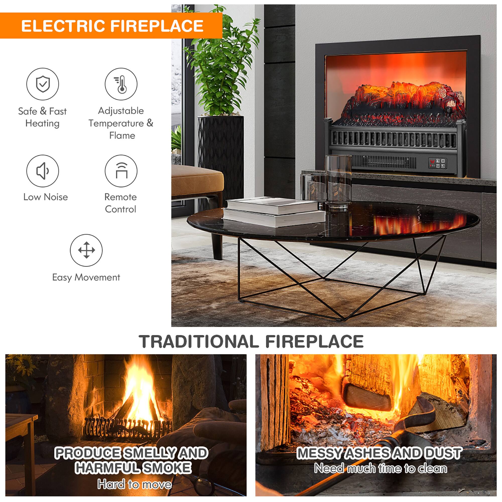**ELECTRIC FIREPLACE**

- Safe & Fast Heating
- Adjustable Temperature & Flame
- Low Noise
- Remote Control
- Easy Movement

**TRADITIONAL FIREPLACE**

- PRODUCE SMELLY AND HARMFUL SMOKE
  - Hard to move
- MESSY ASHES AND DUST
  - Need much time to clean