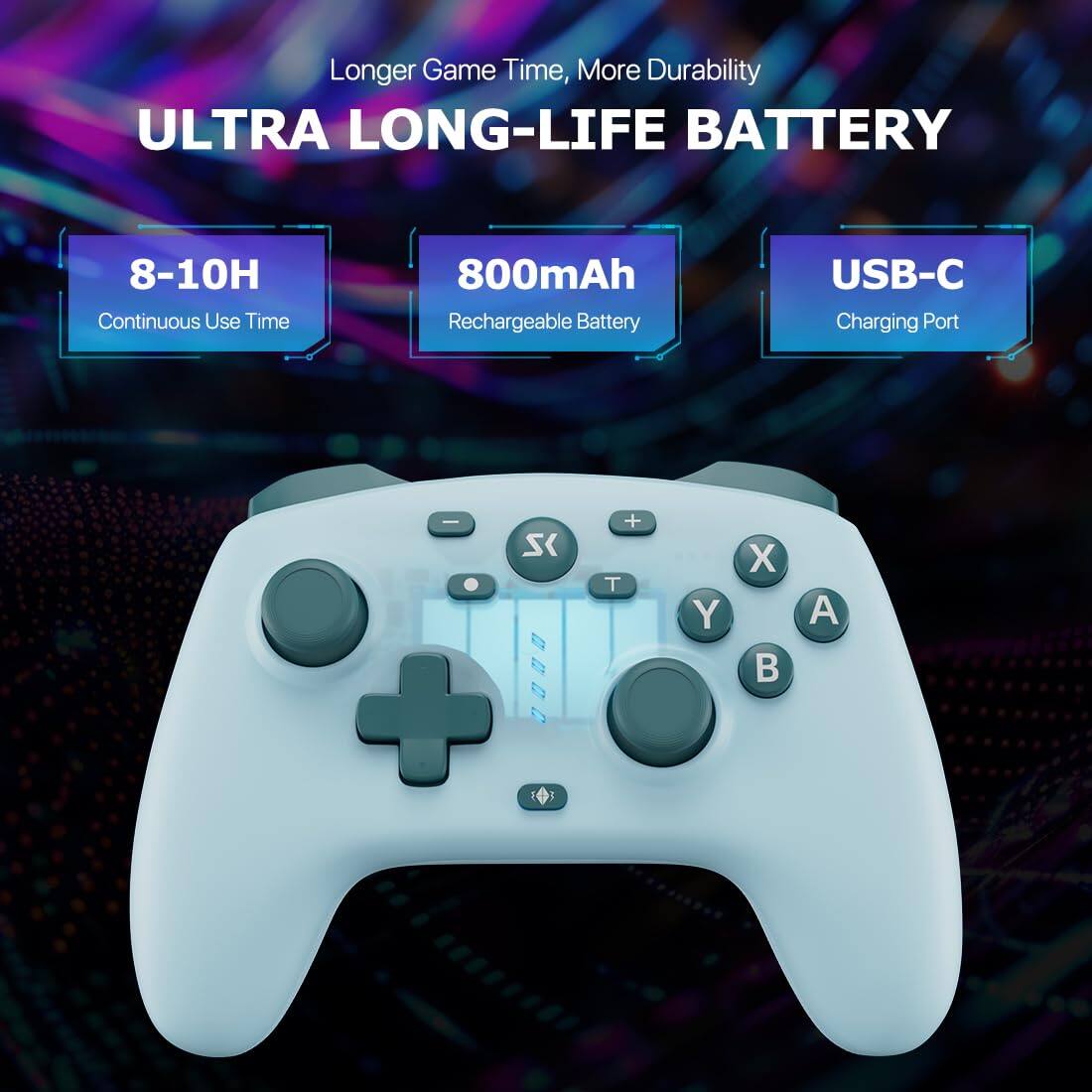 Longer Game Time, More Durability

ULTRA LONG-LIFE BATTERY

8-10H  
Continuous Use Time

800mAh  
Rechargeable Battery

USB-C  
Charging Port