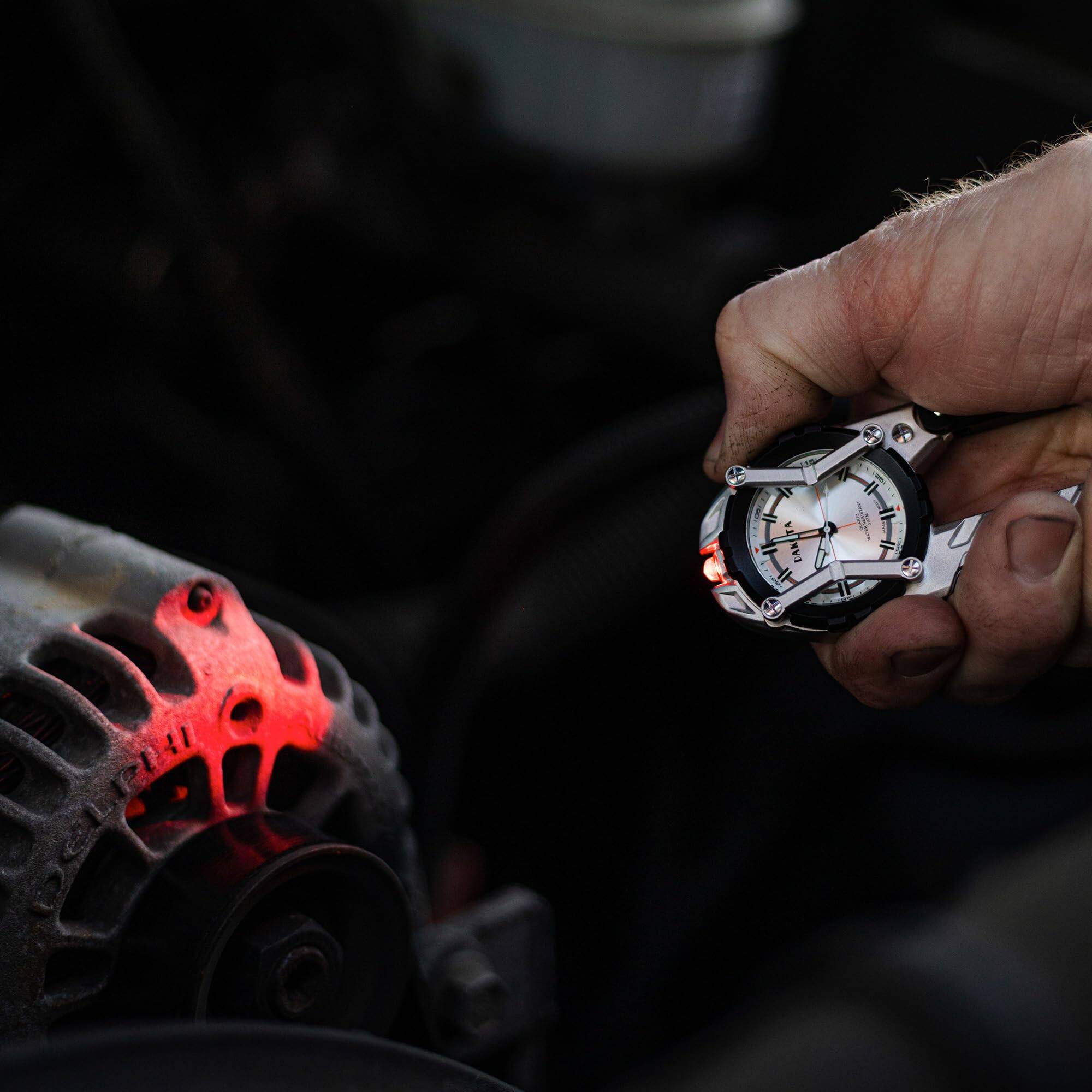 Alt View 5. Dakota - Multitool Clip Watch for Men–Silver|100ft Water Resistant Clip-On with LED Light, Bottle Opener, Screwdrive & Carabiner - Silver.