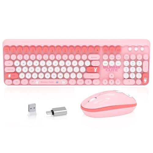 Cozy Serene - Wireless And Mouse 104 Round Keys Lovely Full-size Cute Colorful With Retro Typewriter For - bunny pink