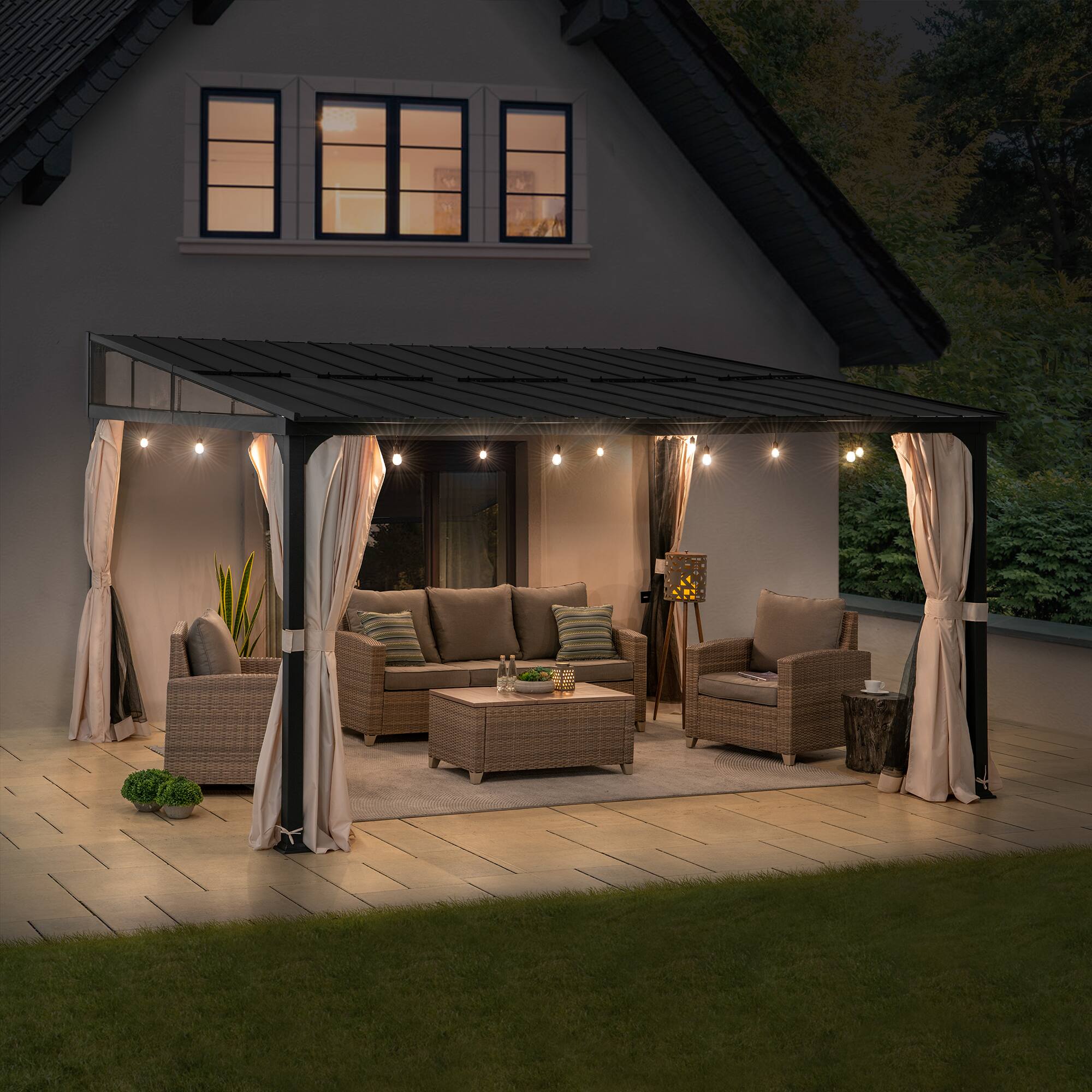 Alt View 5. SUNJOY - Sunjoy 12ft. x 14ft Wall Mounted Gazebo with Powder Coated Steel Roof, Black Aluminum & Metal Frame Lean to Gazebo - 12*14 Metal Roof.