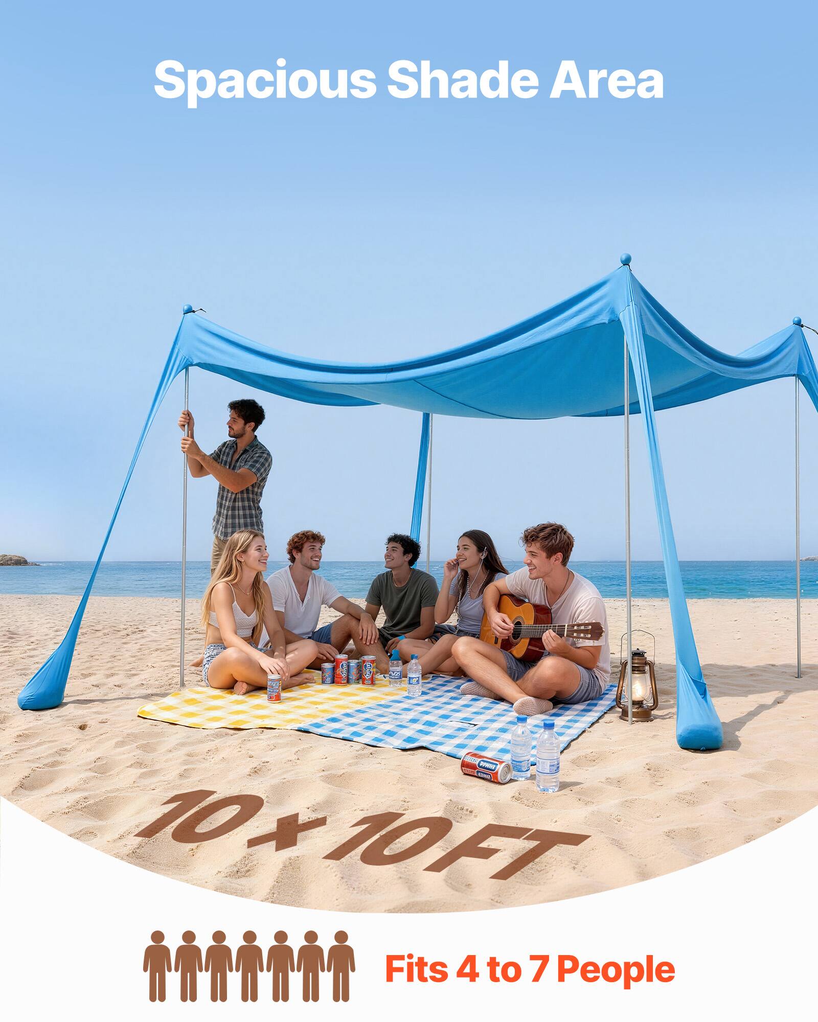 Spacious Shade Area - 10x10x10FT  
Fits 4 to 7 People
