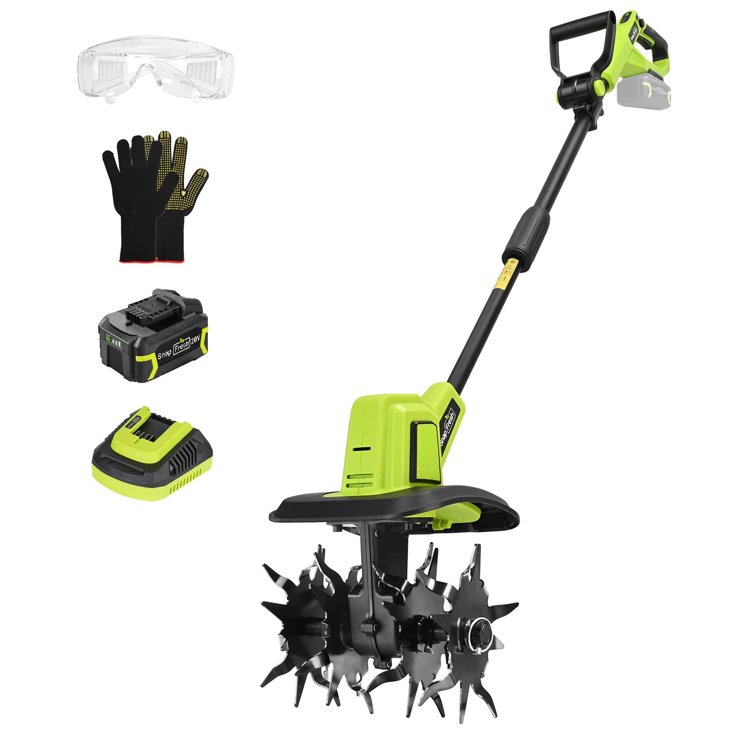 SnapFresh - 20V Cordless Tiller & Cultivator – 9" Width, 6.6" Depth, 4 Steel Tines, 3 Speed Settings, and 4.0Ah Battery - Green