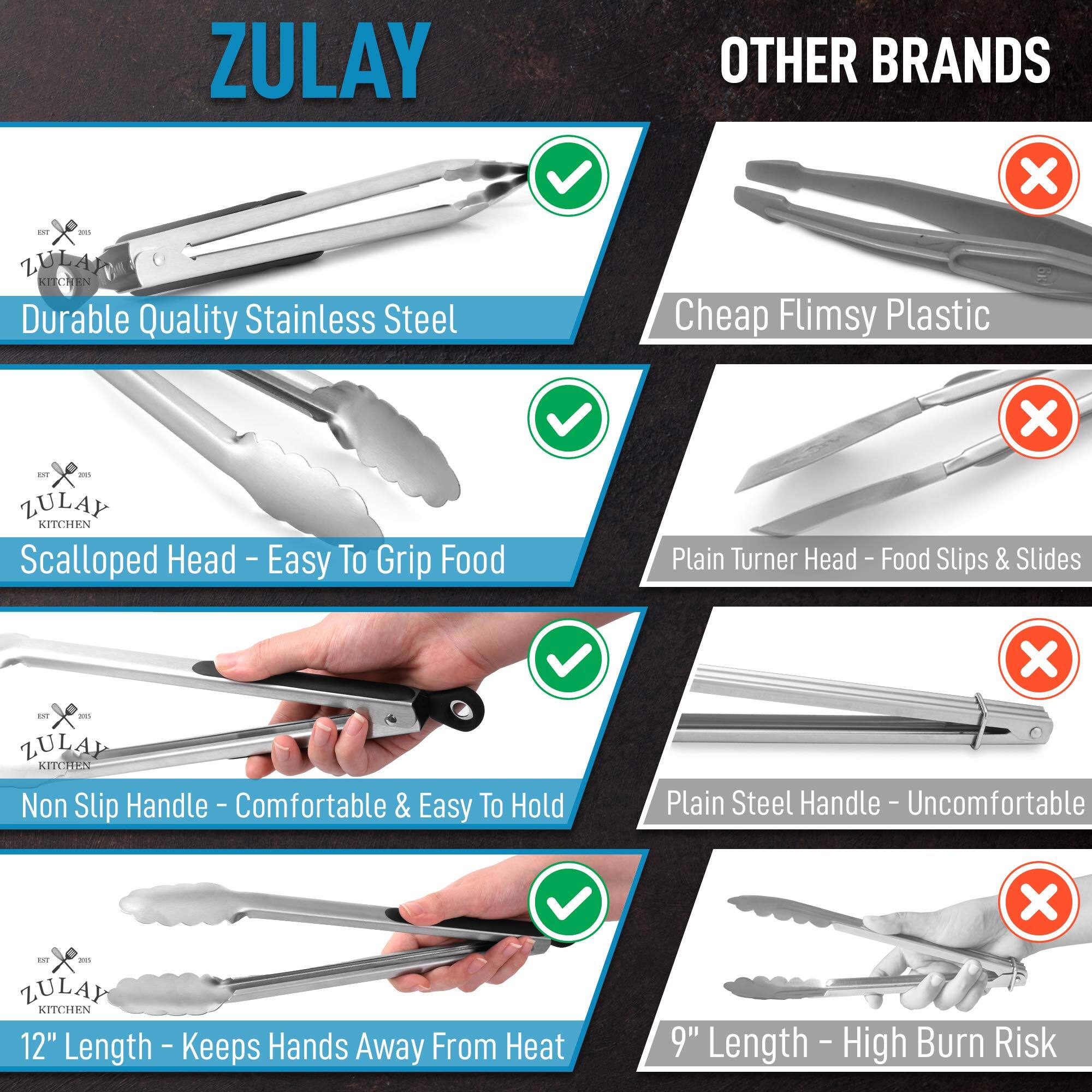 ZULAY - Durable Quality Stainless Steel  
OTHER BRANDS - Cheap Flimsy Plastic  

ZULAY KITCHEN  
Scalloped Head - Easy To Grip Food  
Plain Turner Head - Food Slips & Slides  

ZULAY KITCHEN  
Non Slip Handle - Comfortable & Easy To Hold  
Plain Steel Handle - Uncomfortable  

ZULAY KITCHEN  
12" Length - Keeps Hands Away From Heat  
9" Length - High Burn Risk