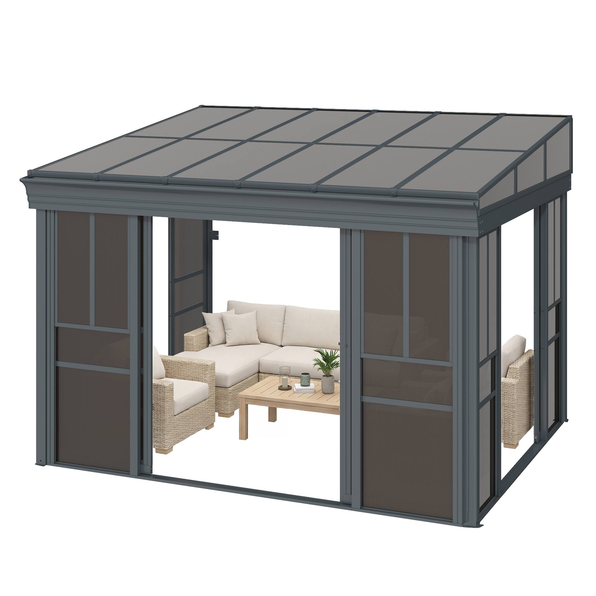 Alt View 6. U-HOMY - Grey Wall-Mounted Solarium Sunroom Kit with Sliding Doors and Adjustable Polycarbonate Windows - 10'x12'.