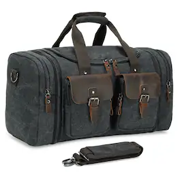 Unique Bargains - Canvas Duffle Bag with Genuine Leather Accents Expandable 20-23 Inch Travel Weekender Multiple Pockets - Black