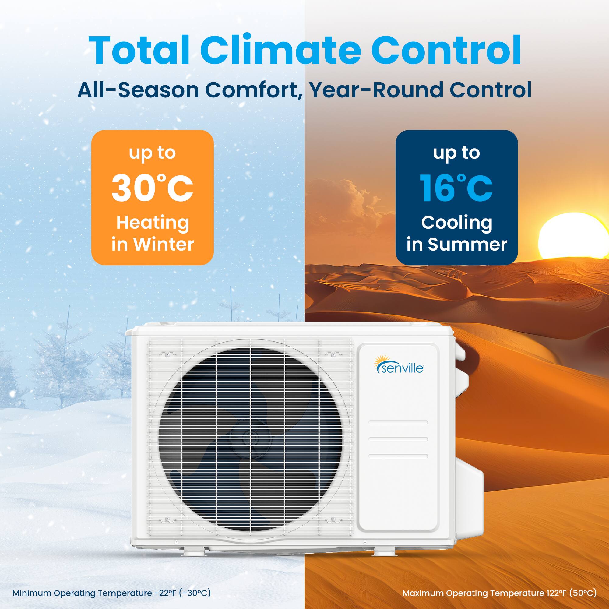 Total Climate Control  
All-Season Comfort, Year-Round Control  
up to 30°C Heating in Winter  
up to 16°C Cooling in Summer  

senville  
Minimum Operating Temperature -22°F (-30°C)  
Maximum Operating Temperature 122°F (50°C)