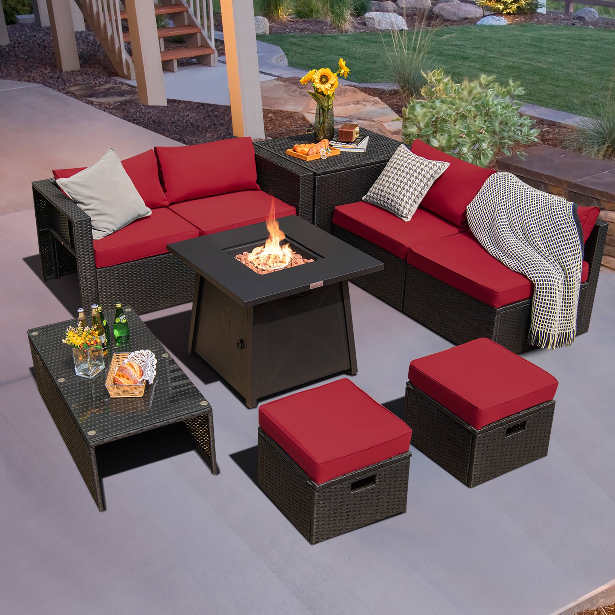 Alt View 1. Costway - Costway 9PCS Patio Rattan Furniture Set Fire Pit Space-saving W/Cover Red Cushion cover - Red.