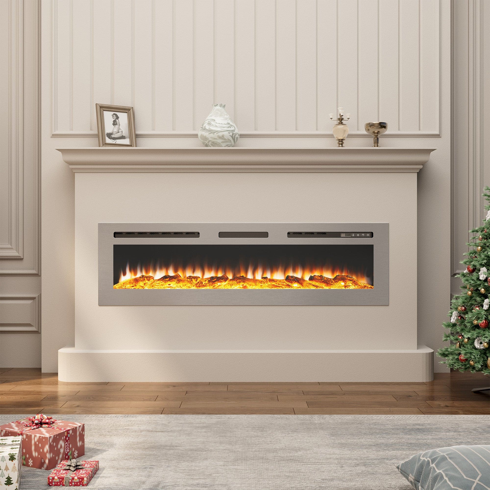 Front. Boyel Living - 60 in. Wall Mounted and Recessed Stainless Steel Electric Fireplace - Silver.