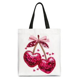 OrnamentallyYou - Sequin Pink Cherry Heart Canvas Tote Bag, Valentine Coquette Trendy Women Gift - White Black