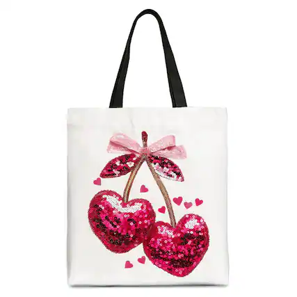 Front. OrnamentallyYou - Sequin Pink Cherry Heart Canvas Tote Bag, Valentine Coquette Trendy Women Gift - White Black.