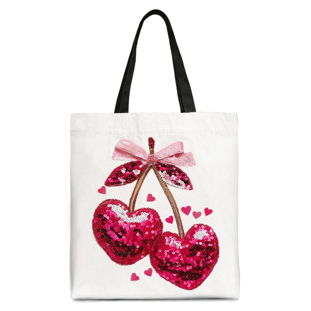 Front. OrnamentallyYou - Sequin Pink Cherry Heart Canvas Tote Bag, Valentine Coquette Trendy Women Gift - White Black.