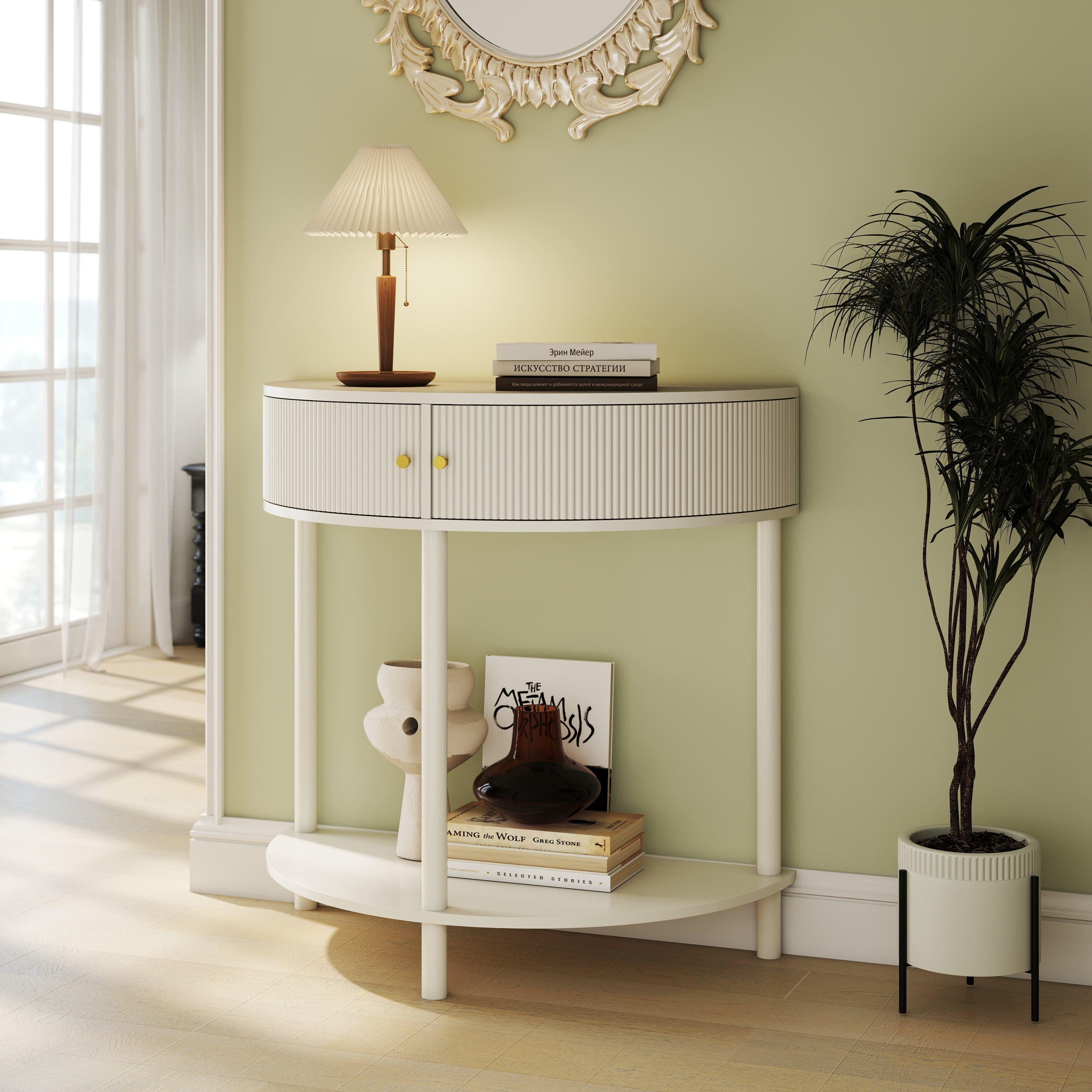 Tiramisubest - Artisan-Crafted Demi-Lune Console Table with Cream Finish,Unique Half Moon Design End Table with 2 Drawers and Shelf - Cream White