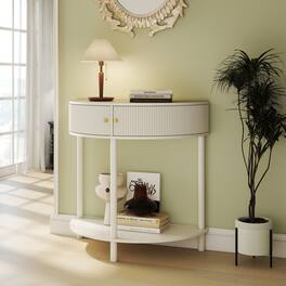 Tiramisubest - Artisan-Crafted Demi-Lune Console Table with Cream Finish,Unique Half Moon Design End Table with 2 Drawers and Shelf - Cream White