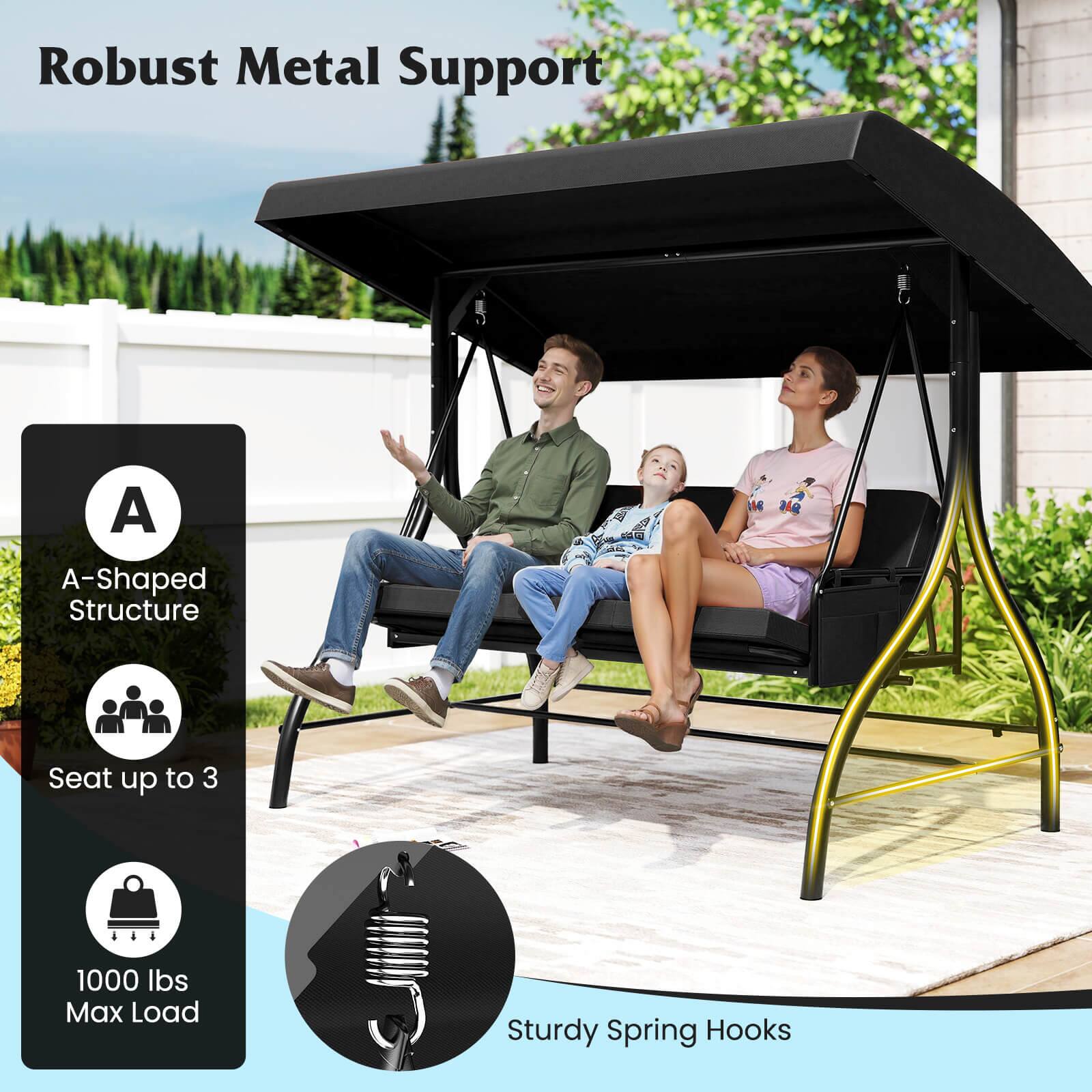 Robust Metal Support

A-Shaped Structure

Seat up to 3

1000 lbs Max Load

Sturdy Spring Hooks