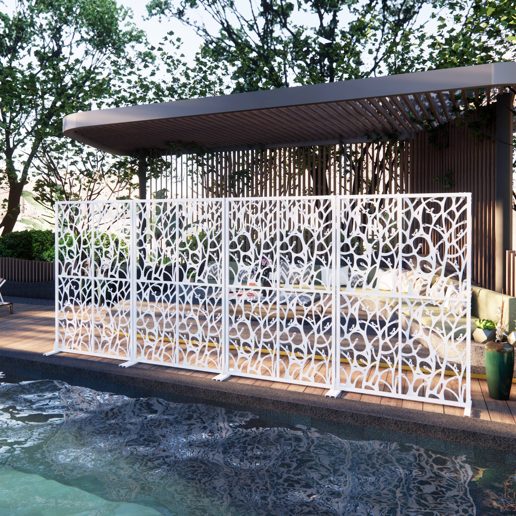 Left. Loheer - 3.8 ft x 6 ft Metal Privacy Screen Freestanding Room Divider for Patio Balcony Garden - White.