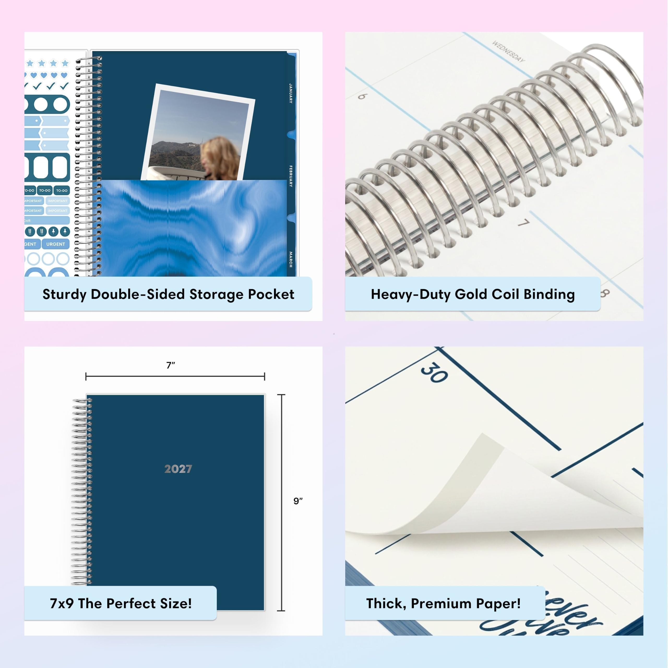 JANUARY  
WEDNESDAY  
0-00 10-00 10-00 PORSUC IMPORTSUNT WONSE INPORTANT  

FEBRUARY  

Sturdy Double-Sided Storage Pocket  
Heavy-Duty Gold Coil Binding  
7" x 9" The Perfect Size!  
Thick, Premium Paper!