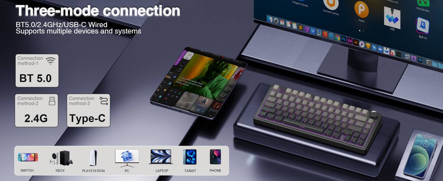 Three-mode connection BT5.0/2.4GHz/USB-C Wired Supports multiple devices and systems

Connection method-1
BT 5.0

Connection method-2
2.4G

Connection method-3
Type-C

SWITCH
XBOX
PLAYSTATION
PC
LAPTOP
TABLET
PHONE