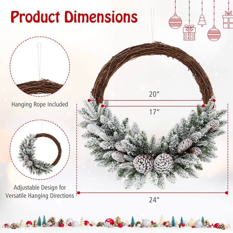 Gymax 24'' Christmas Wreath w/65 Branch Tips 8 Natural Pine Cones 6 ...