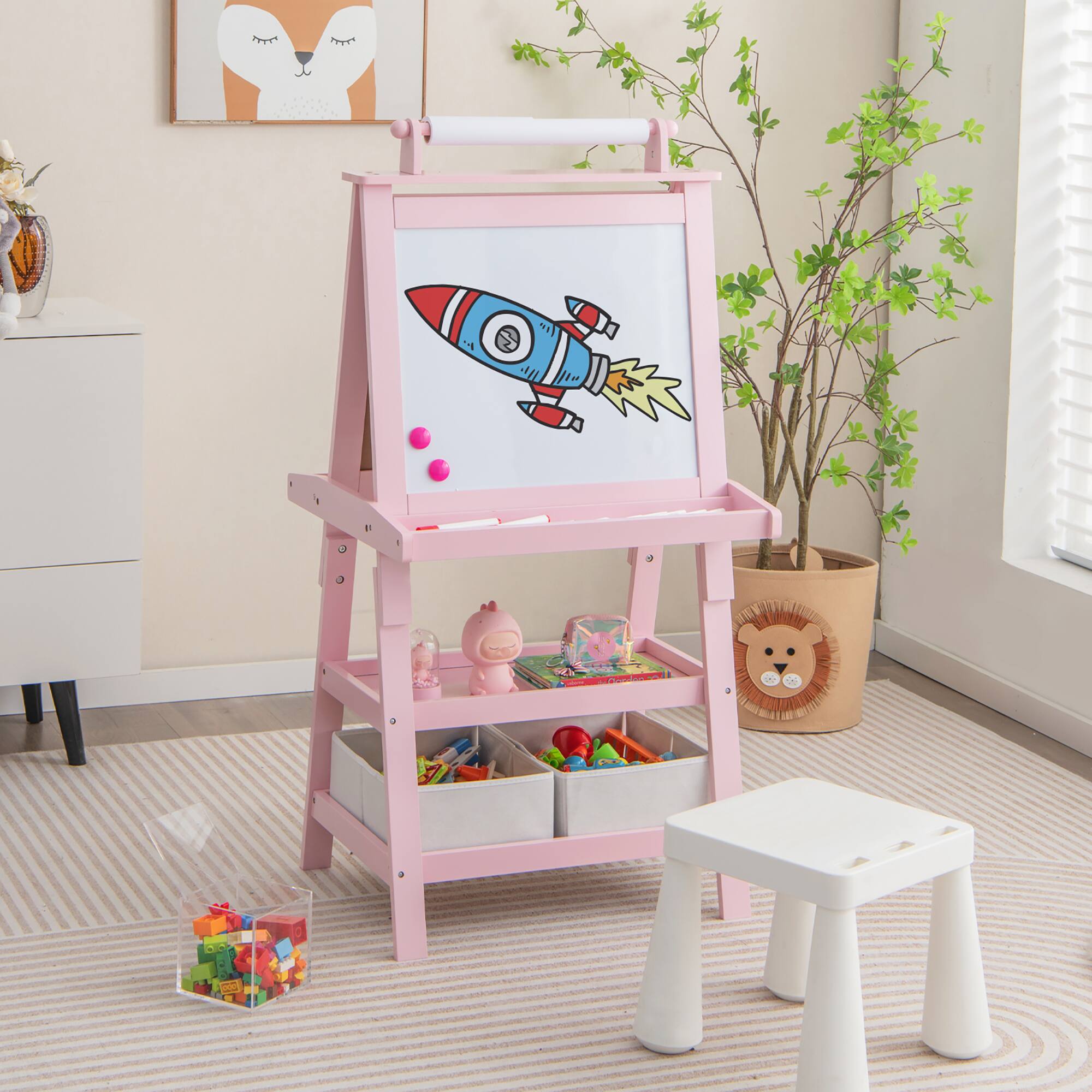 Alt View 4. Gymax - Gymax 3 in 1 Double-Sided Storage Art Easel w/Paint Cups for Kid Writing Teal Frosting Pink - Pink.