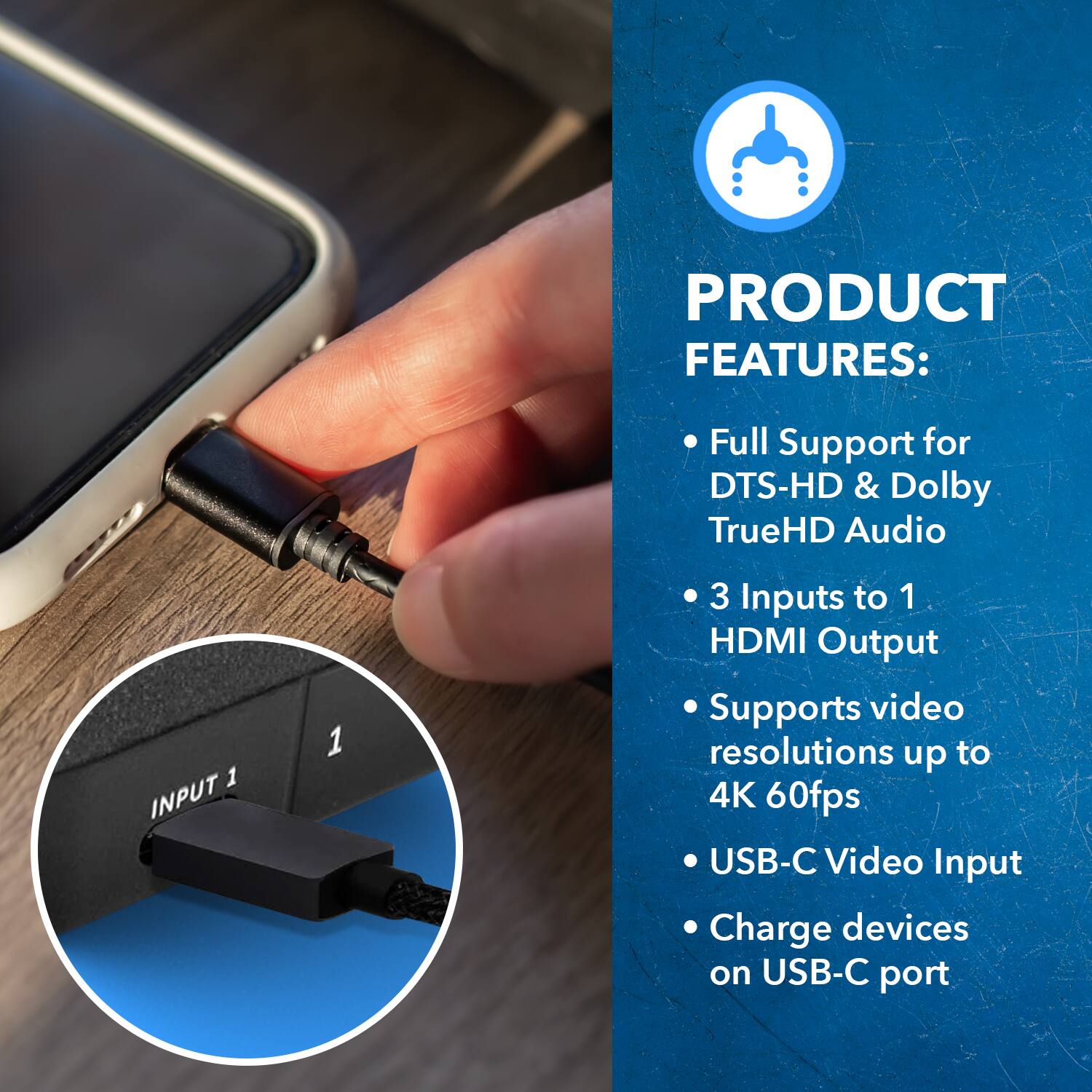 PRODUCT FEATURES:
Full Support for DTS-HD & Dolby TrueHD Audio
3 Inputs to 1 HDMI Output
Supports video resolutions up to 4K 60fps
USB-C Video Input
Charge devices on USB-C port