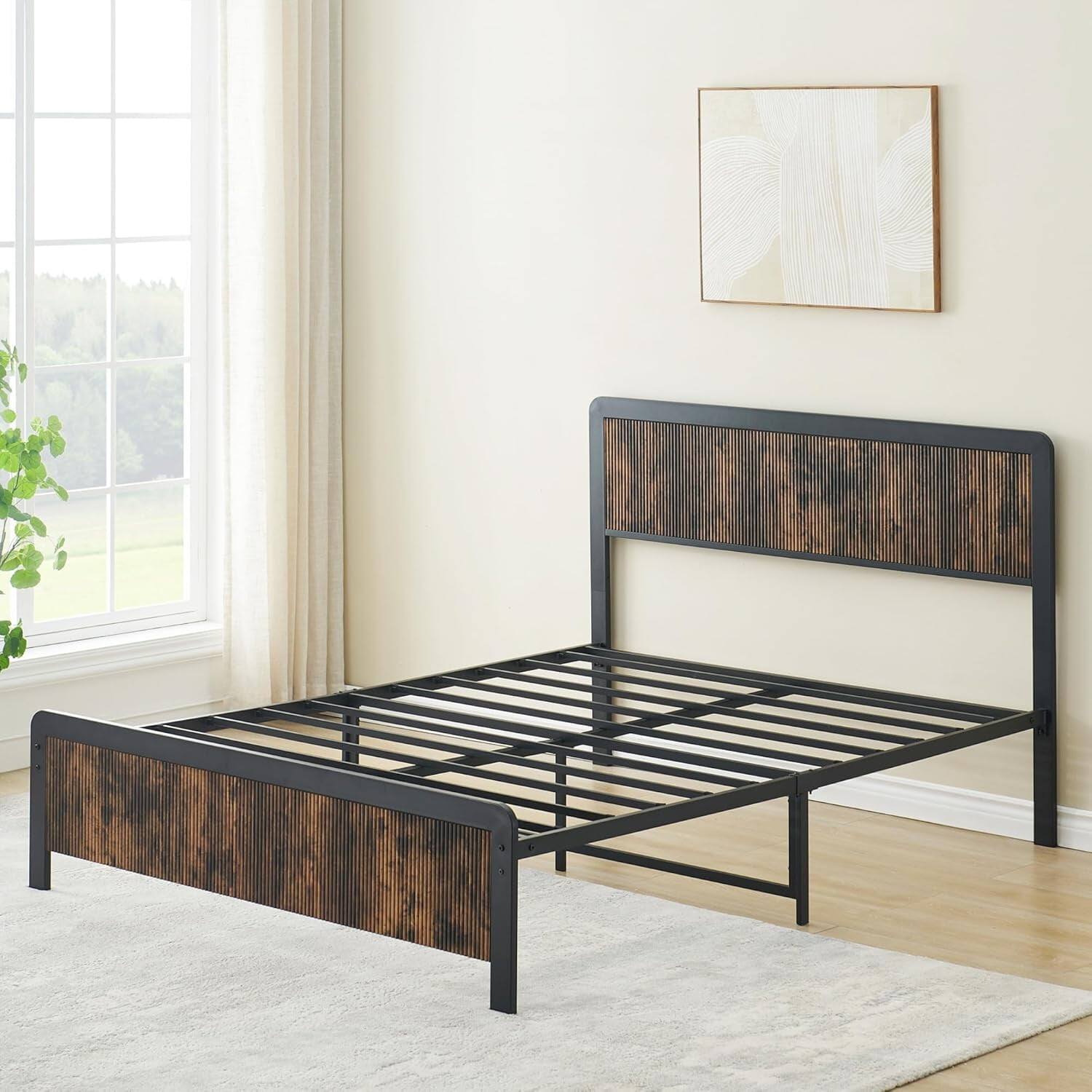 Alt View 1. GARVEE - Queen Metal Bed Frame Brown Curved Wood Headboard Under Bed Storage No Box Spring Easy Assembly - Brown Queen.