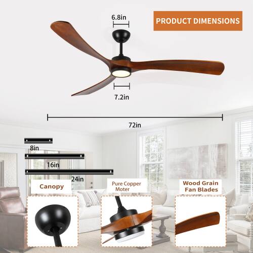 6.8in  
PRODUCT DIMENSIONS  
7.2in  
72in  
8in  
16in  
24in  
Canopy  
Pure Copper Motor  
Wood Grain Fan Blades