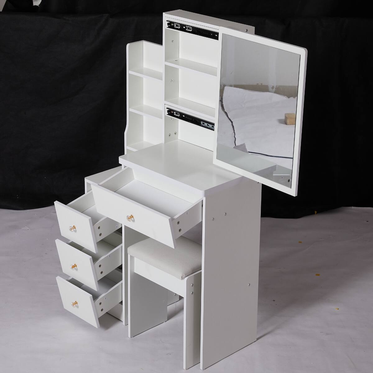Angle. Loheer - Loheer Small Space Vanity Table with Extra Large Sliding Mirror and Padded Stool, White - White.