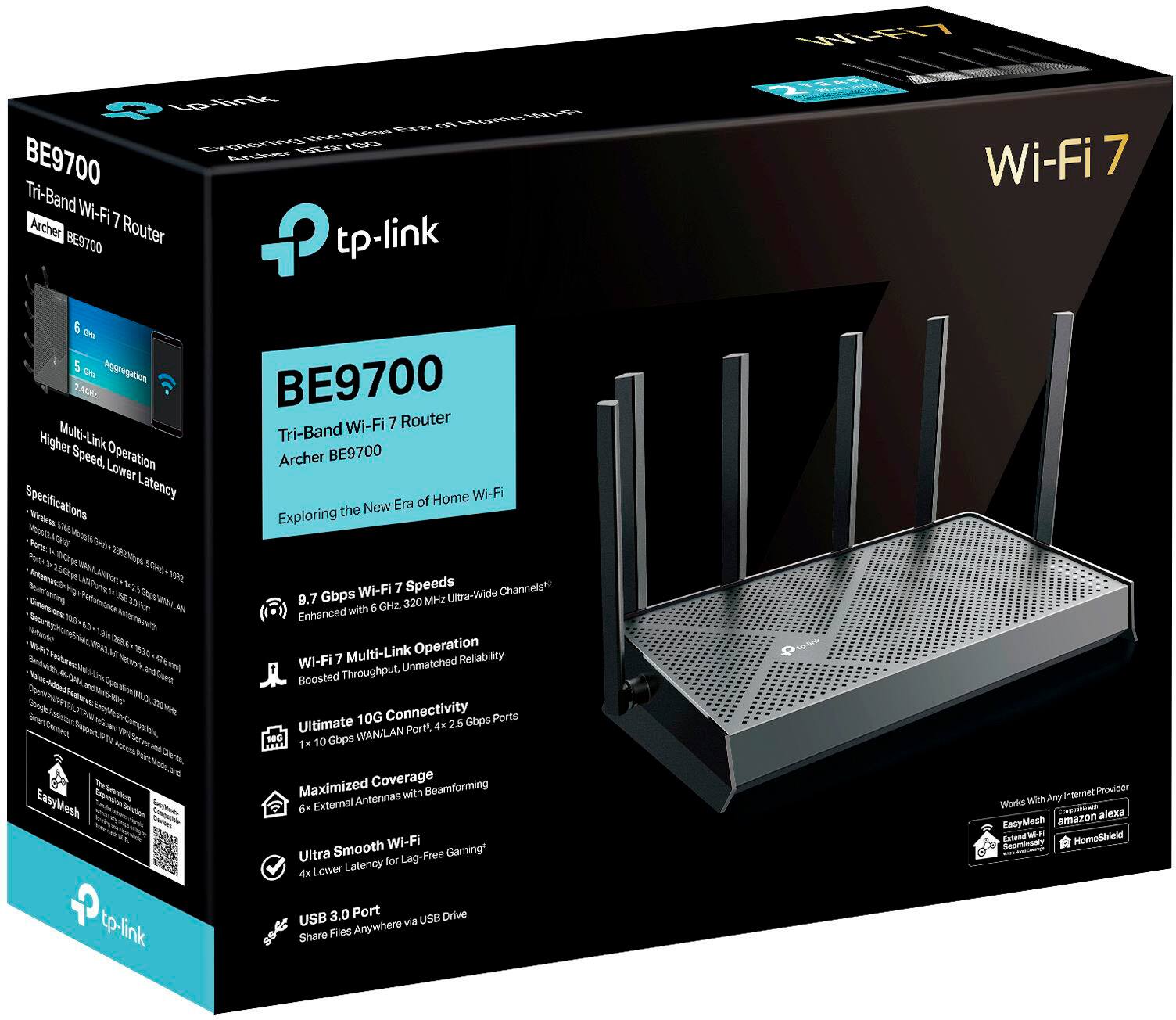 The text on the image is:

"BE9700 Wi-Fi 7 Router Tri-Band Archer BE9700 of Home Wi-Fi the New Era Exploring Tadeoto Gonds Cennc N V0 Wi-Fi 7 Speeds Channelsh 9.7 Gbps 320 MHz Ultra-Wide with E GHZ Enhanced Multi-Link Operation Wi-Fi 7 Unmatched Relability Boosted Throughput. Ultimate 10G Connectivity 2.5 Gbps Ports Port!, de 100 10 Gbps WAN/LAN IH EasyMesh tp-fink Maximized Coverage Bearnforming Antennas with d= External Smooth Wi-Fi Ultra Lag-Free Gaining" Latency for 4x Lower USB 3.0 Port USB Drive Anywhere via Share Files internet Provider Works With Any nohi_tnscribe alexa EacyMosh amazon Extend - HomeShield Seammeasly."