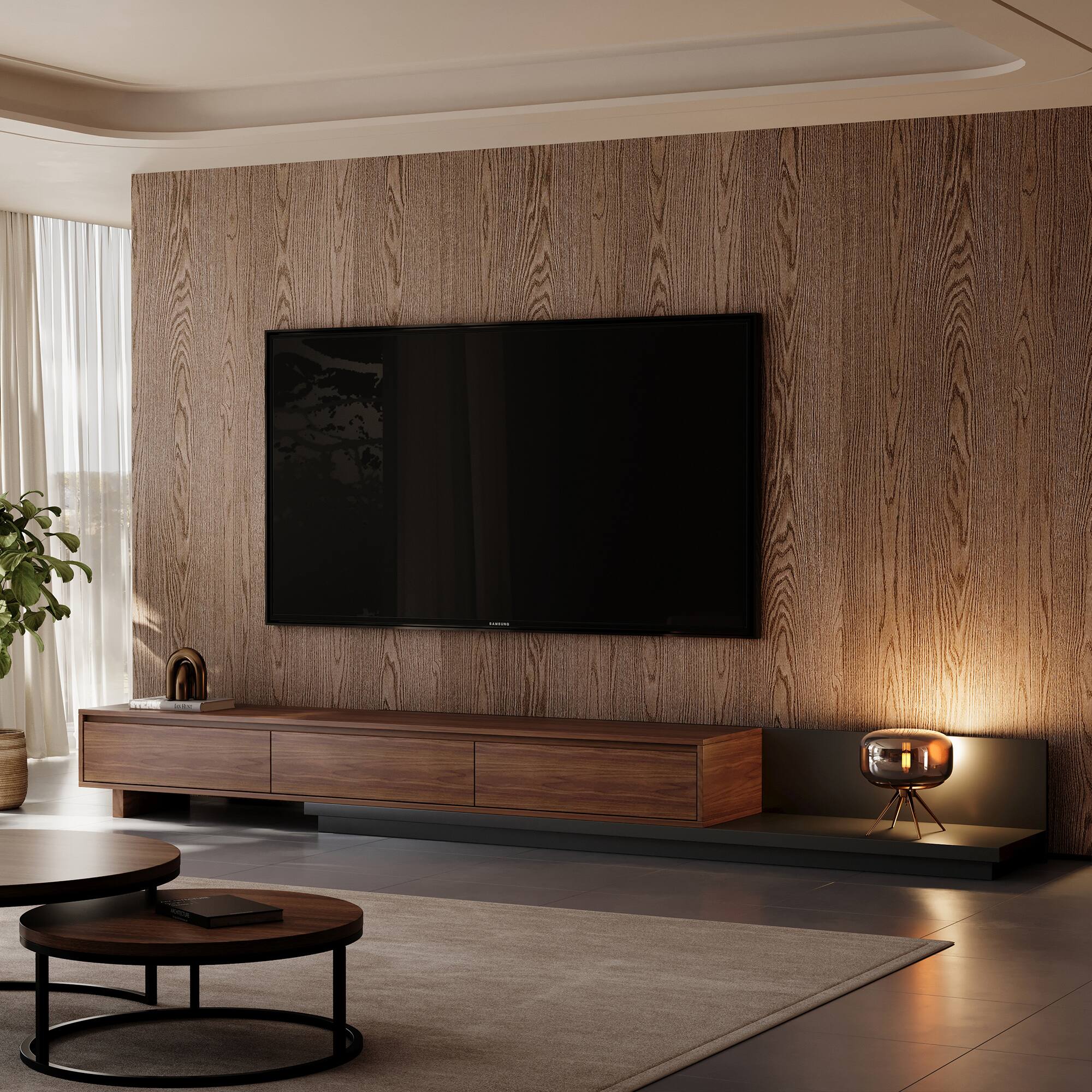 Left. luck idea - 78.7" Stretchable TV stand,tv console With a maximum width of 141.7" , Suitable for TVs up to 100 inches. - Walnut color.