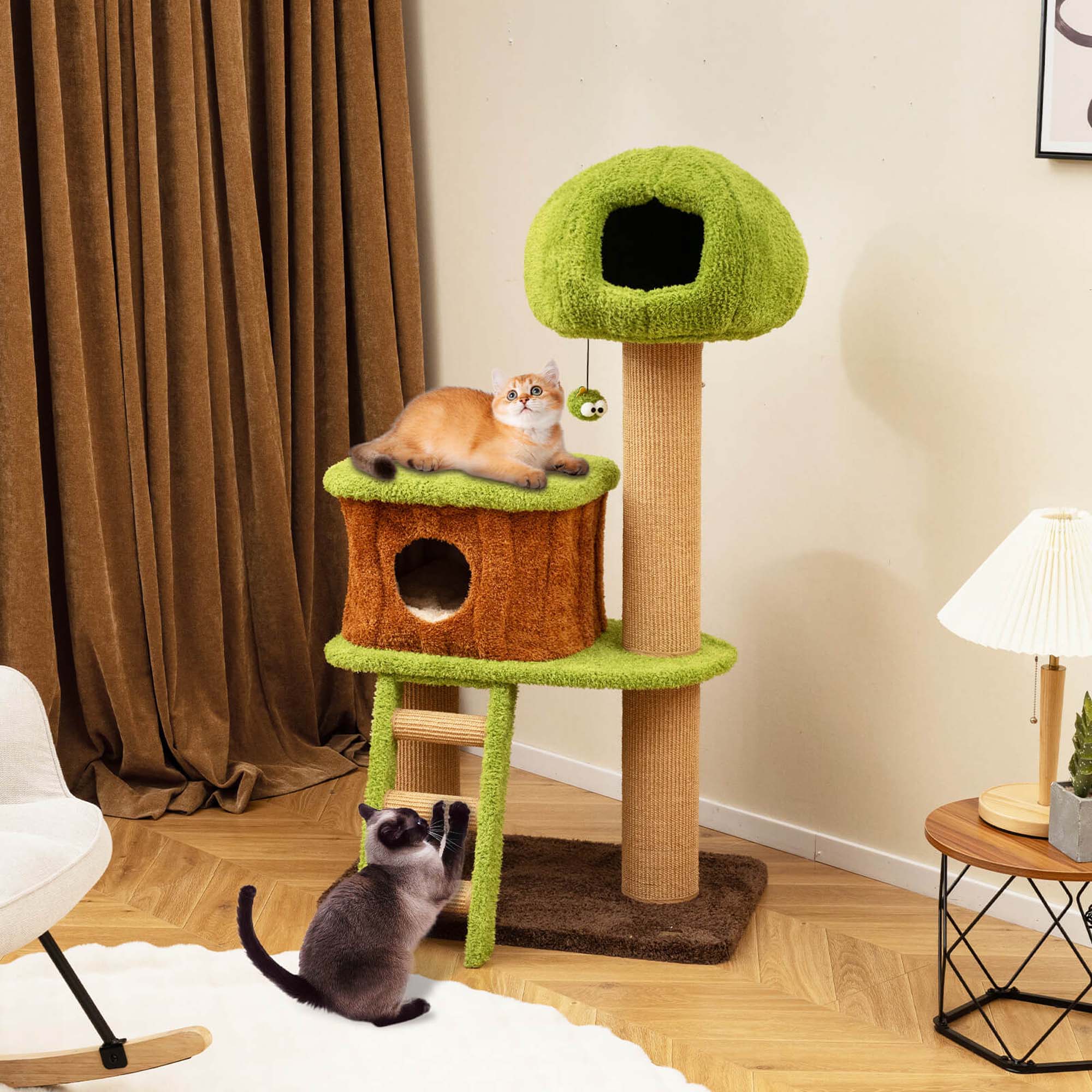 Alt View 1. Costway - Costway 56" Tall Cat Tower with Mushroom-shaped Nest Condo Climbing Ladder Teasing Ball - Brown.