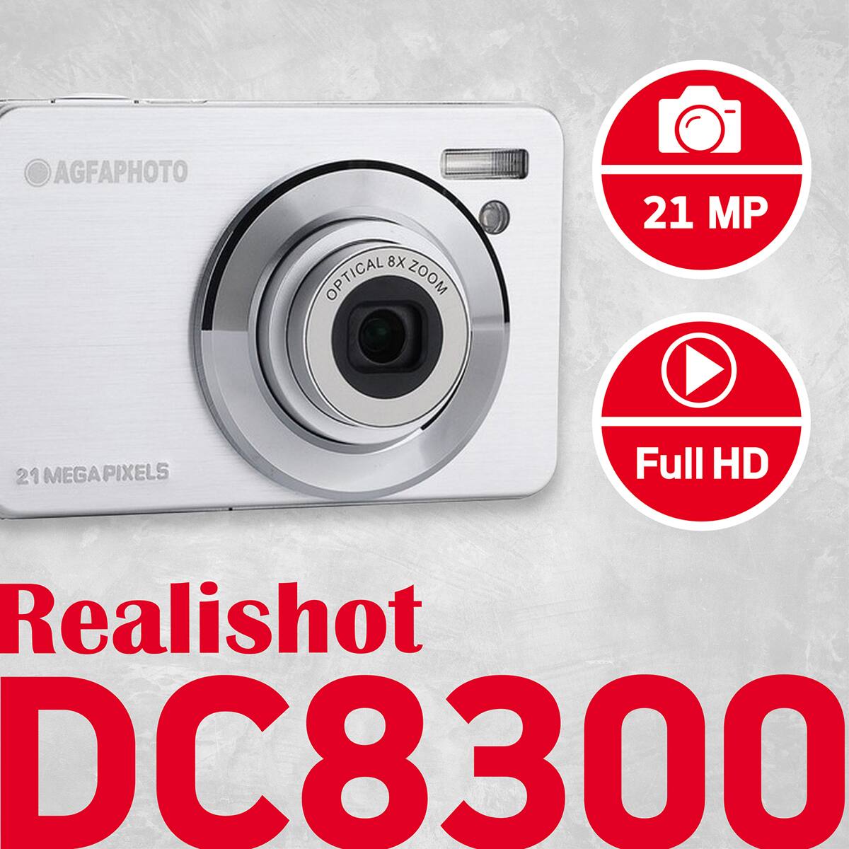 AGFAPHOTO  
8X OPTICAL ZOOM  
21 MP  
MEGAPIXELS  
Full HD  
Realishot DC8300