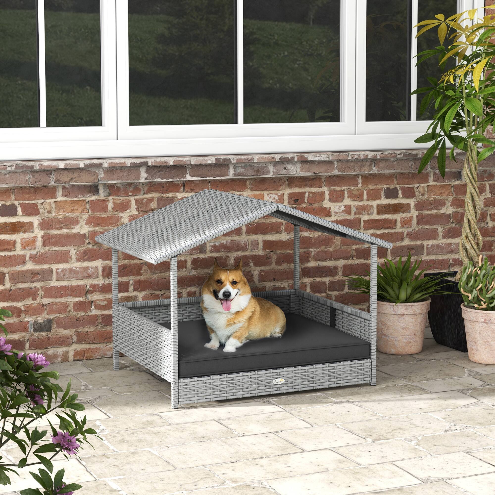 Angle. Pawhut - Wicker Dog House Outdoor, Canopy, Rattan Bed, Water-resistant Cushion, 66 lbs, 19.75", Silver Wicker, Gray Cushion - Gray.