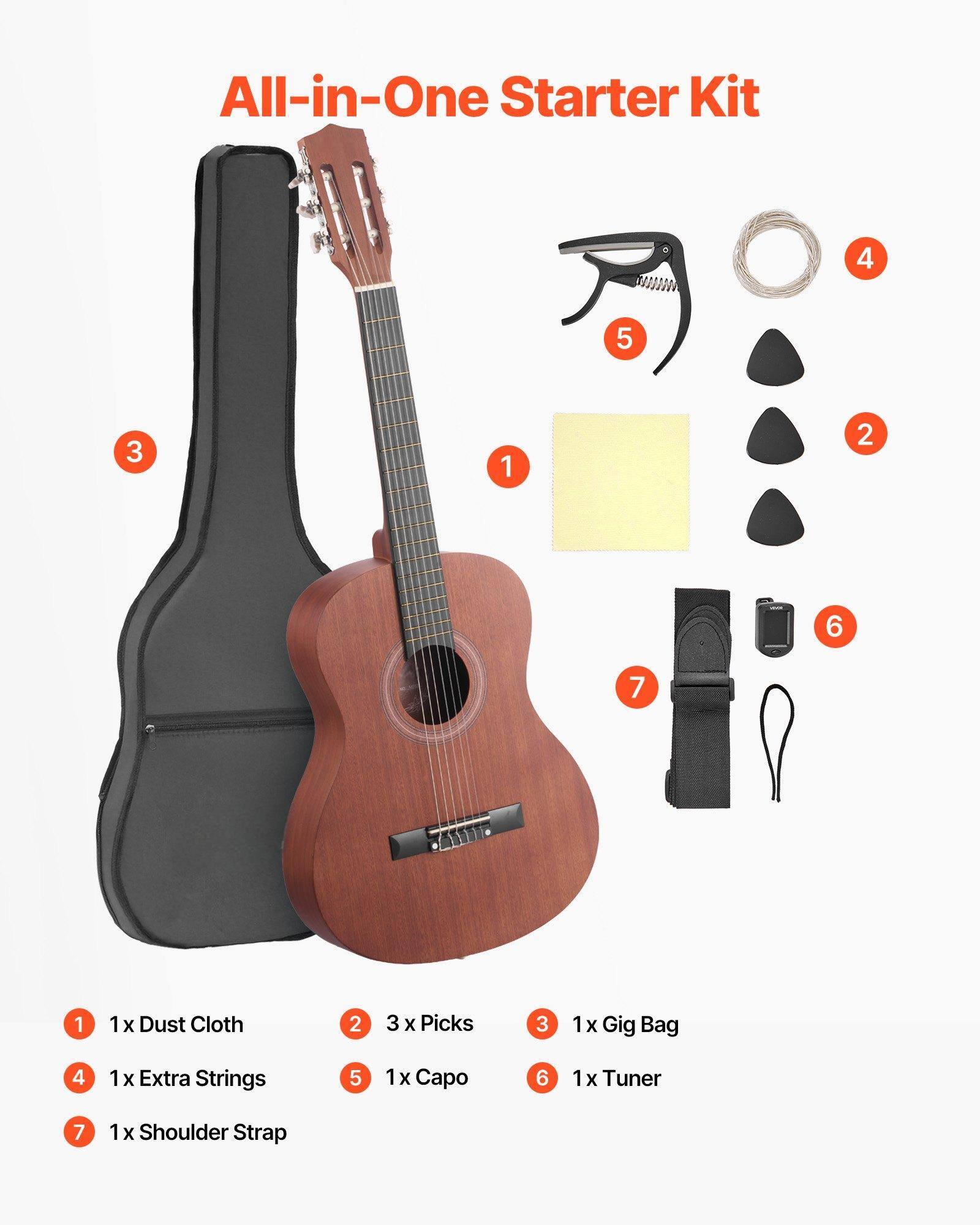 All-in-One Starter Kit

1. 1 x Dust Cloth
2. 3 x Picks
3. 1 x Gig Bag
4. 1 x Extra Strings
5. 1 x Capo
6. 1 x Tuner
7. 1 x Shoulder Strap