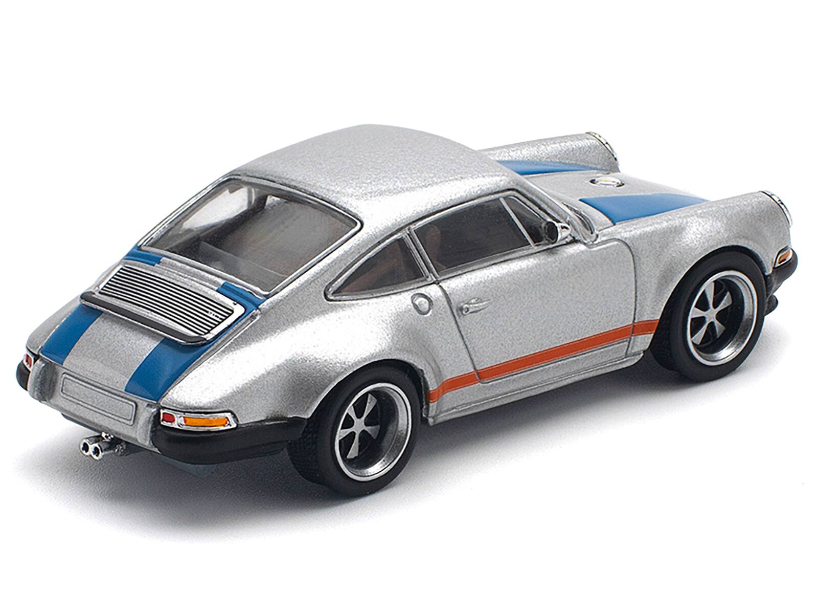 Left. Pop Race - Singer 964 Silver Metallic with Blue and Red Stripes 1/64 Diecast Model Car by Pop Race - Silver Metallic with Blue and Red.