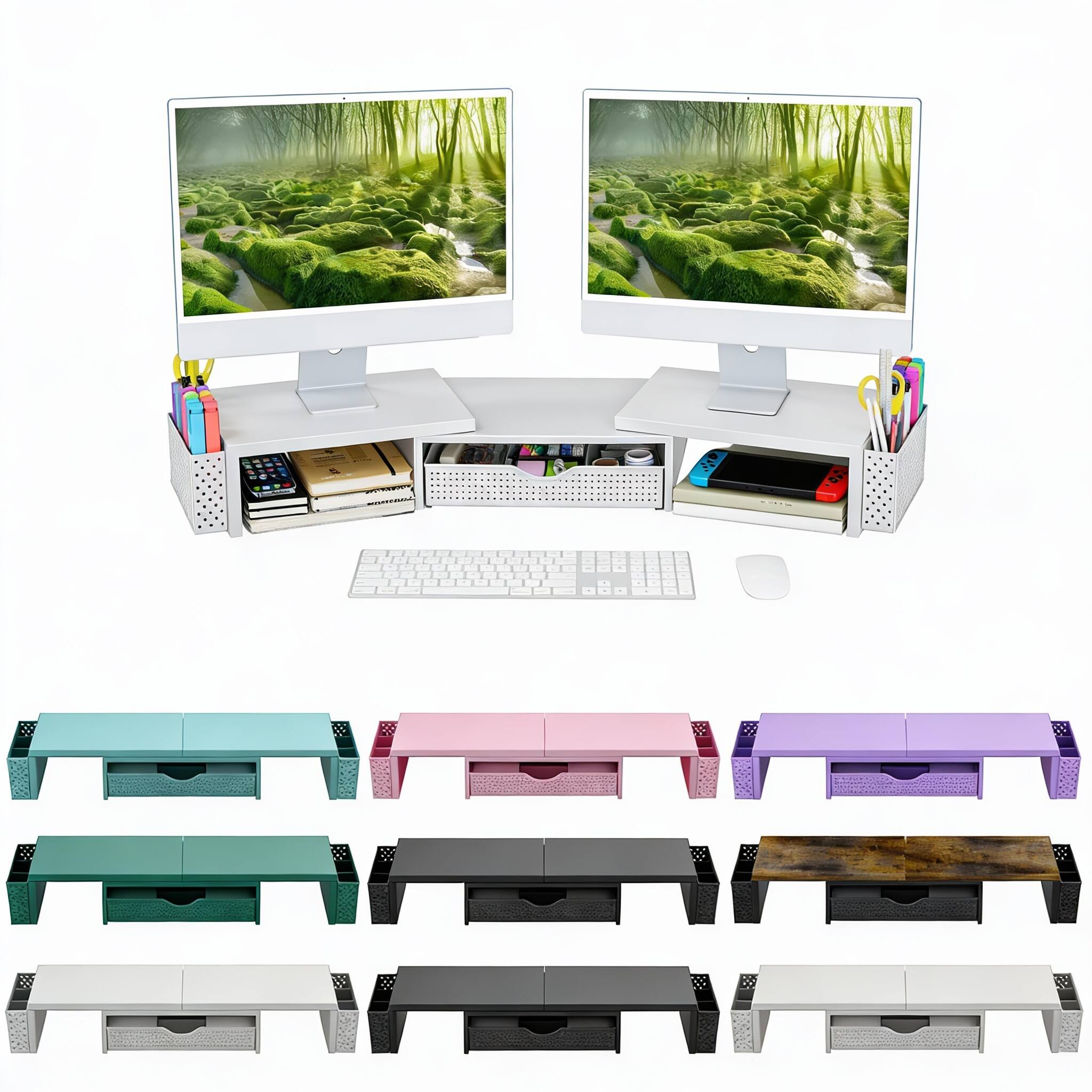 Front. CovertSafe - 27.6-40.6"Metal Monitor Stand Riser with Drawer 2 Pen Holders - White.