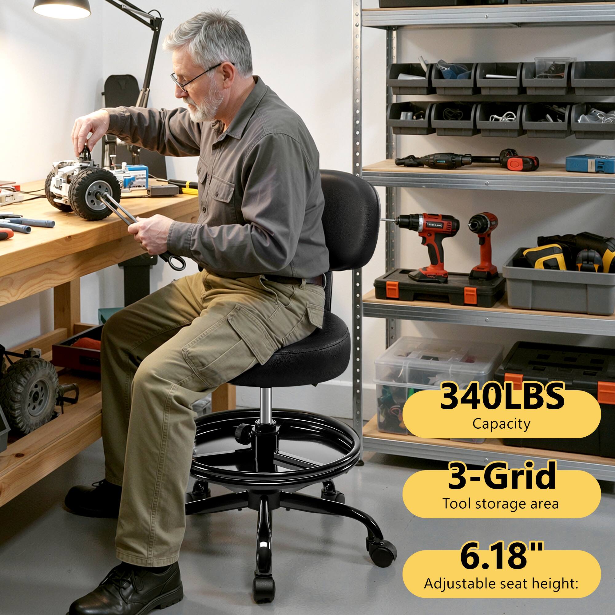 340LBS Capacity  
3-Grid Tool storage area  
6.18" Adjustable seat height