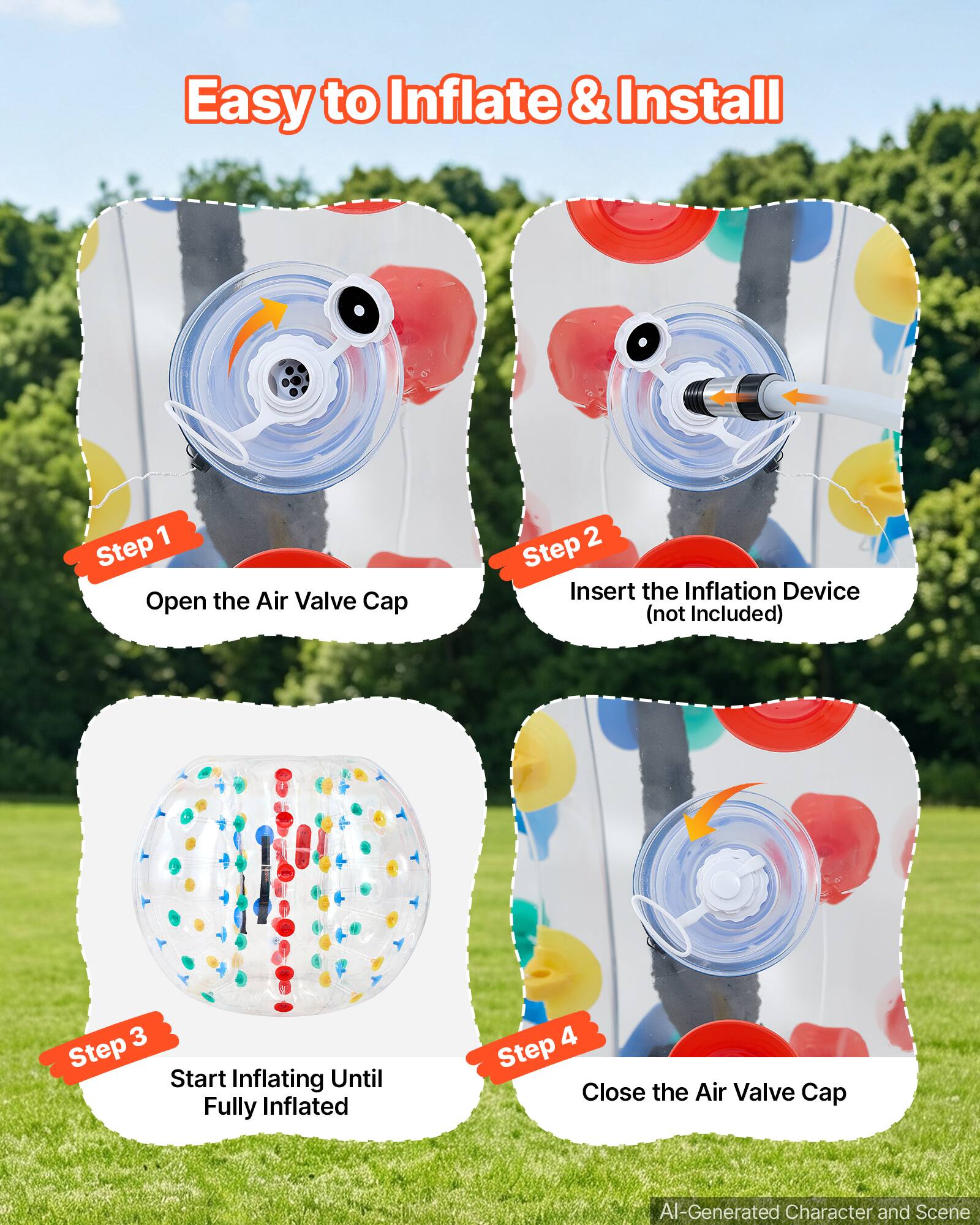 Easy to Inflate & Install

1. Step Open the Air Valve Cap
2. Step Insert the Inflation Device (not Included)
3. Step Start Inflating Until Fully Inflated
4. Step Close the Air Valve Cap

AI-Generated Character and Scene